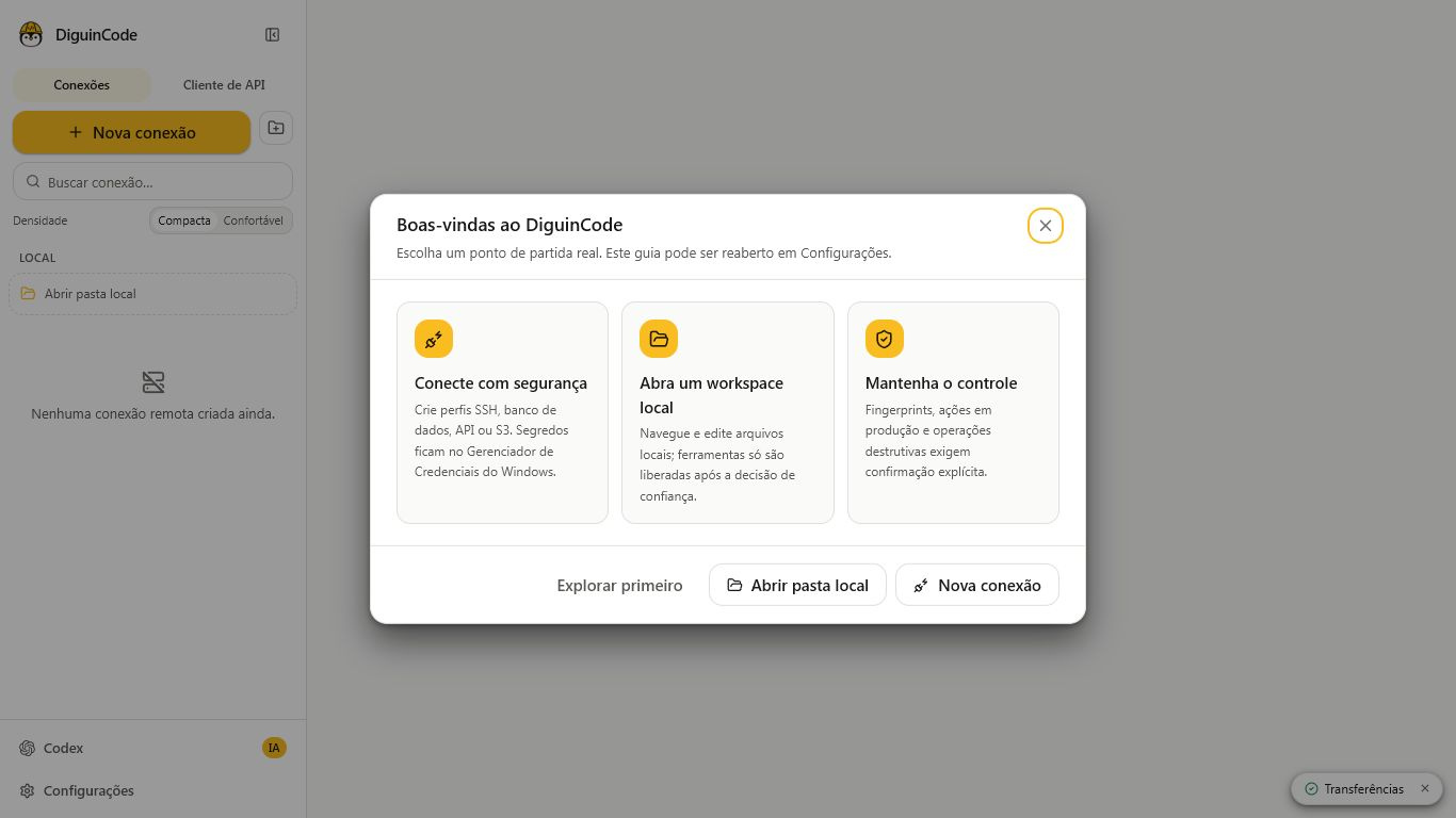 Tela de boas-vindas do DiguinCode com as opções para abrir ou criar um projeto