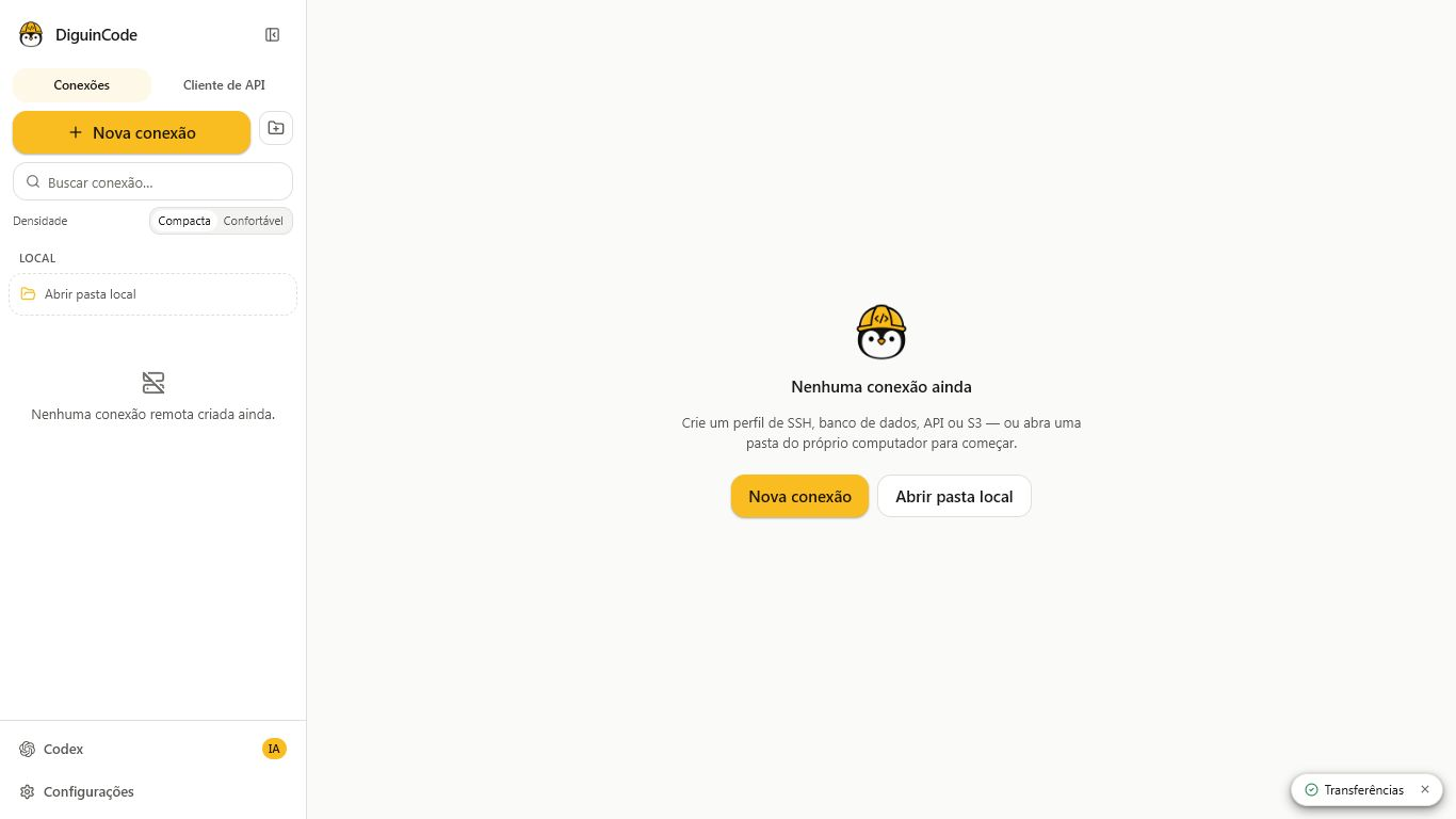 Workspace inicial do DiguinCode com editor, explorador e ferramentas integradas