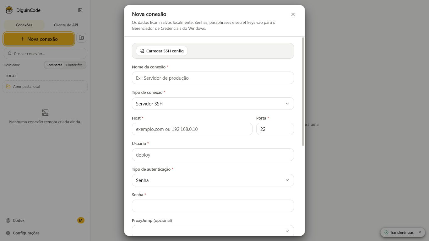 Tela do DiguinCode para configurar uma conexão SSH com verificação de segurança