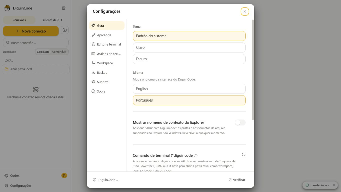 Tela de configurações do DiguinCode com preferências organizadas por categoria