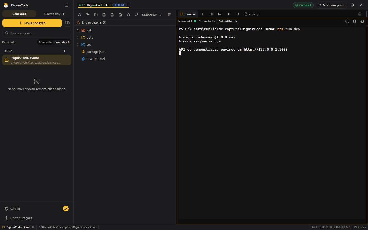 Terminal integrado do DiguinCode executando um script do projeto e mostrando a saída do processo